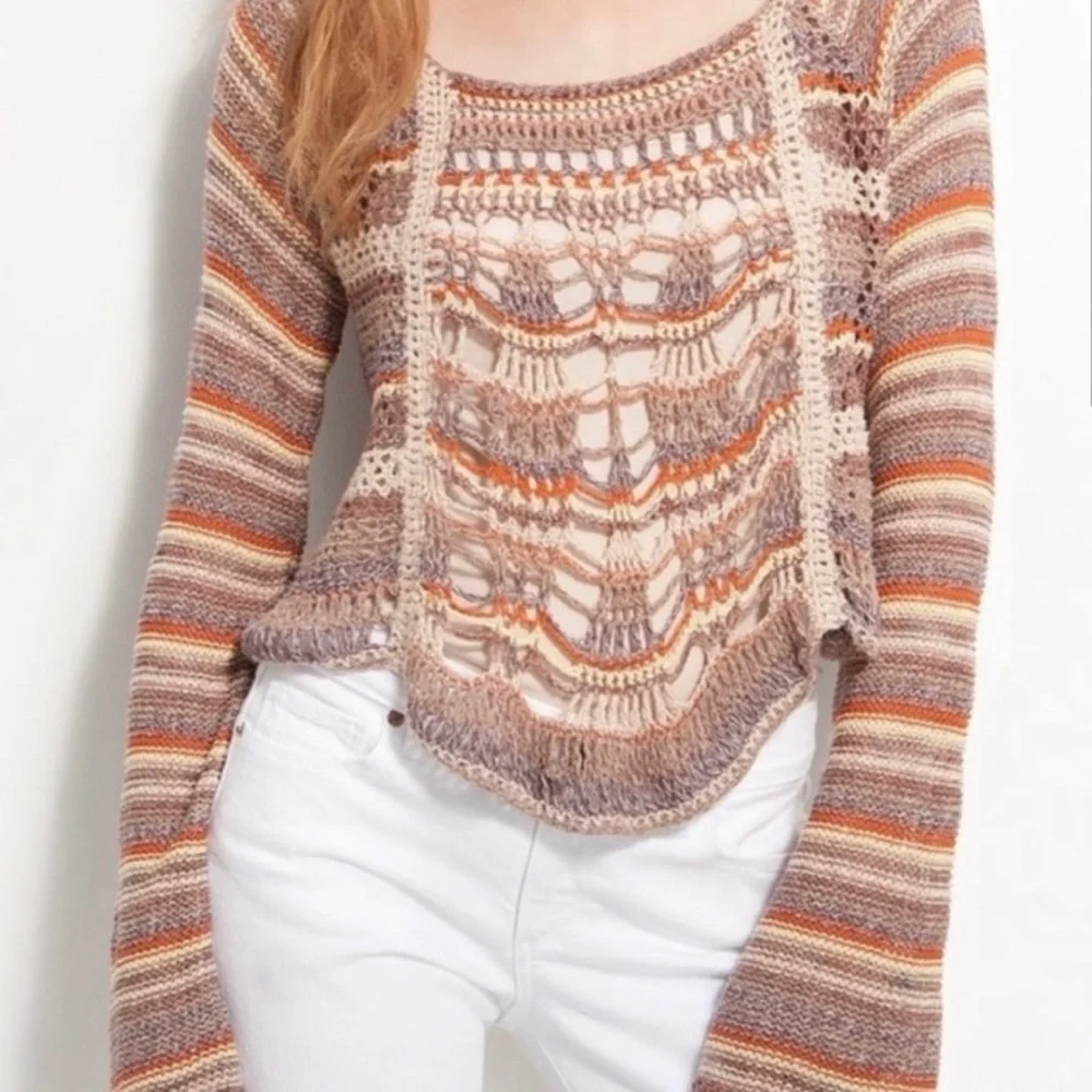 Free People Phoenix Crochet Striped Bell Sleeve Boho Sweater Women’s Size Medium